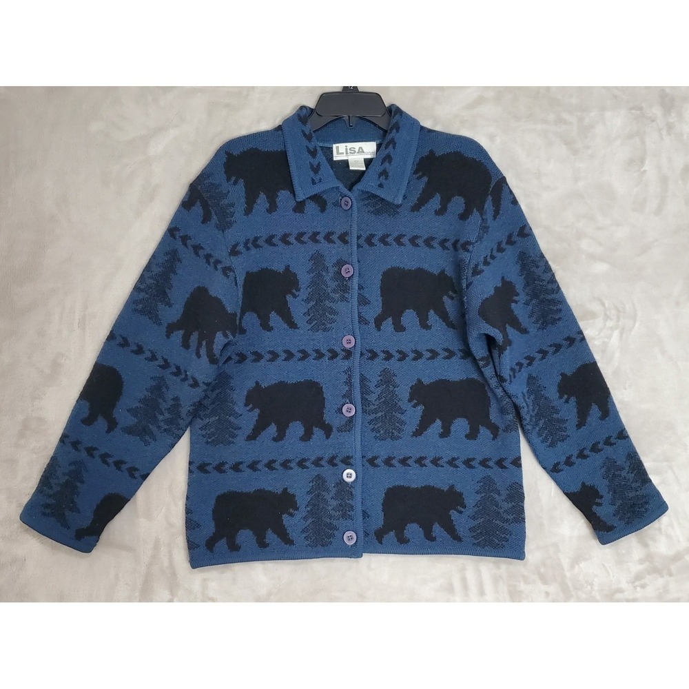 Vtg Lisa International 100% Boiled Wool Sweater Jacket Womens XL Blue Bears EUC